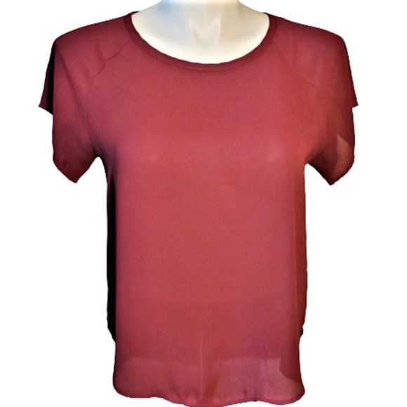 Lush Top Short Sleeve Semi Sheer Blouse Maroon Split Back Size M - Picture 1 of 6